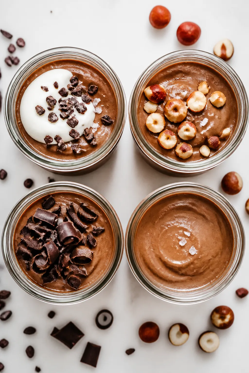 Tasty top view — Overhead shot of meal-prep style mousse portions: four small glass jars filled wi