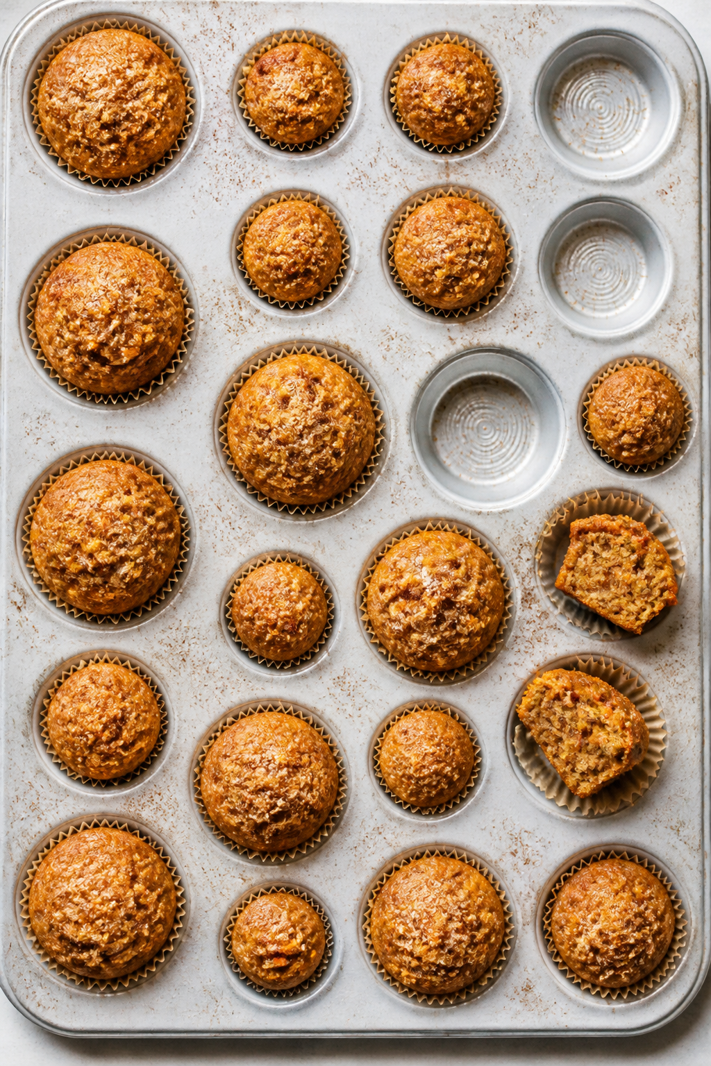 Tasty top view: Overhead shot of mini and small standard carrot cake muffins arranged in a neat grid