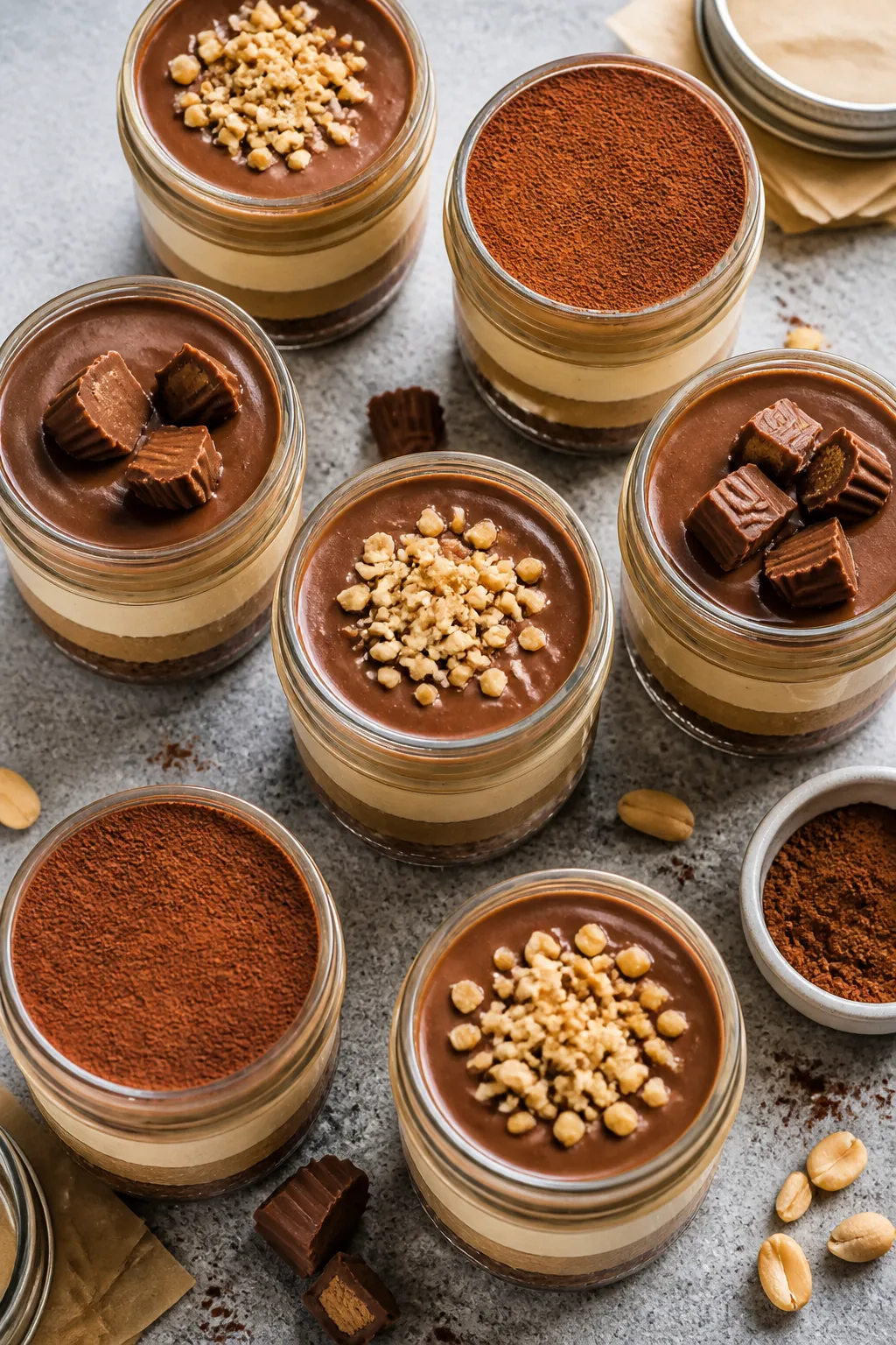 Tasty top view: Overhead shot of multiple assembled no-bake cheesecake jars set on a cool gray slab;