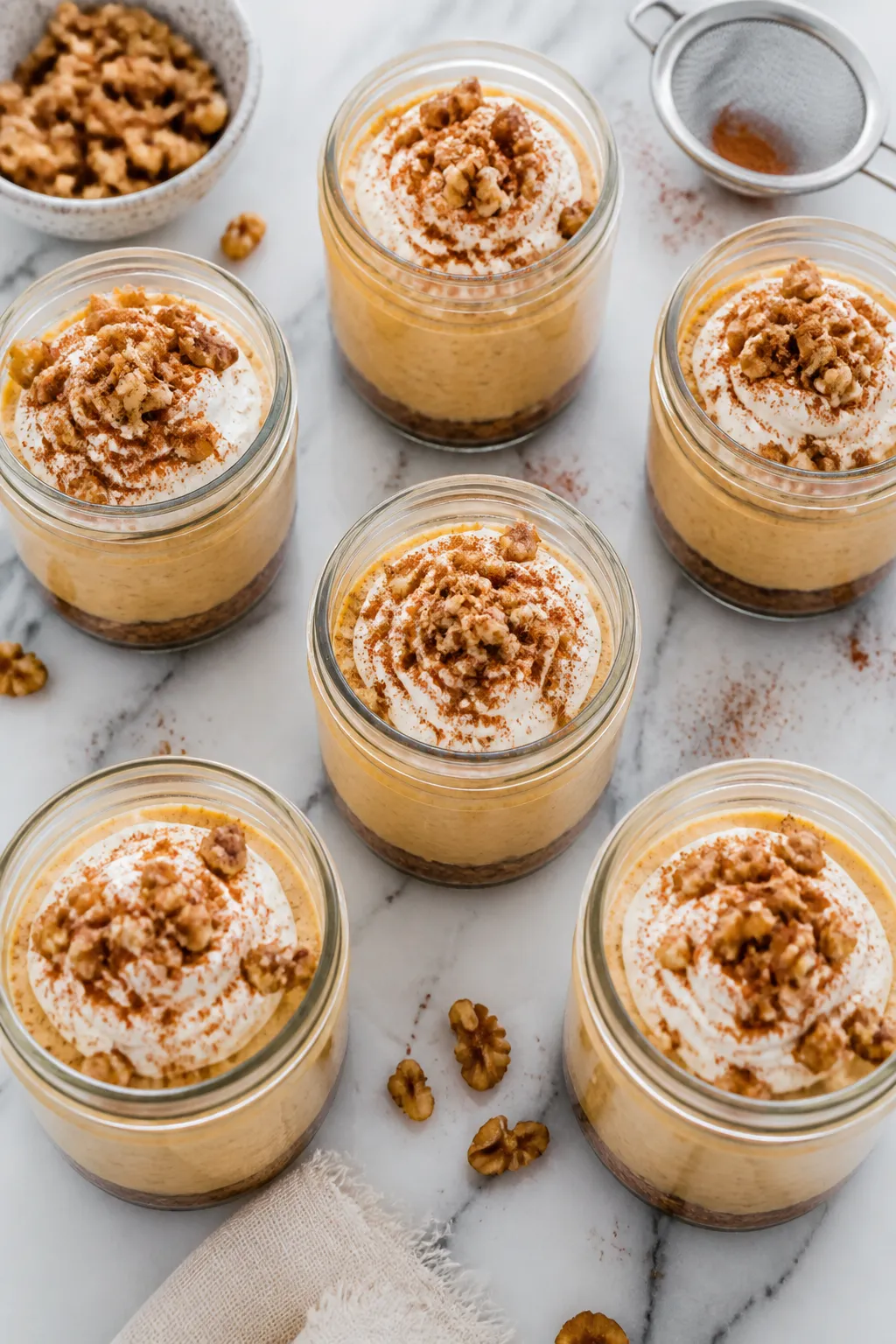 Tasty top view: Overhead shot of multiple assembled pumpkin cheesecake jars (6–8 oz each) arranged
