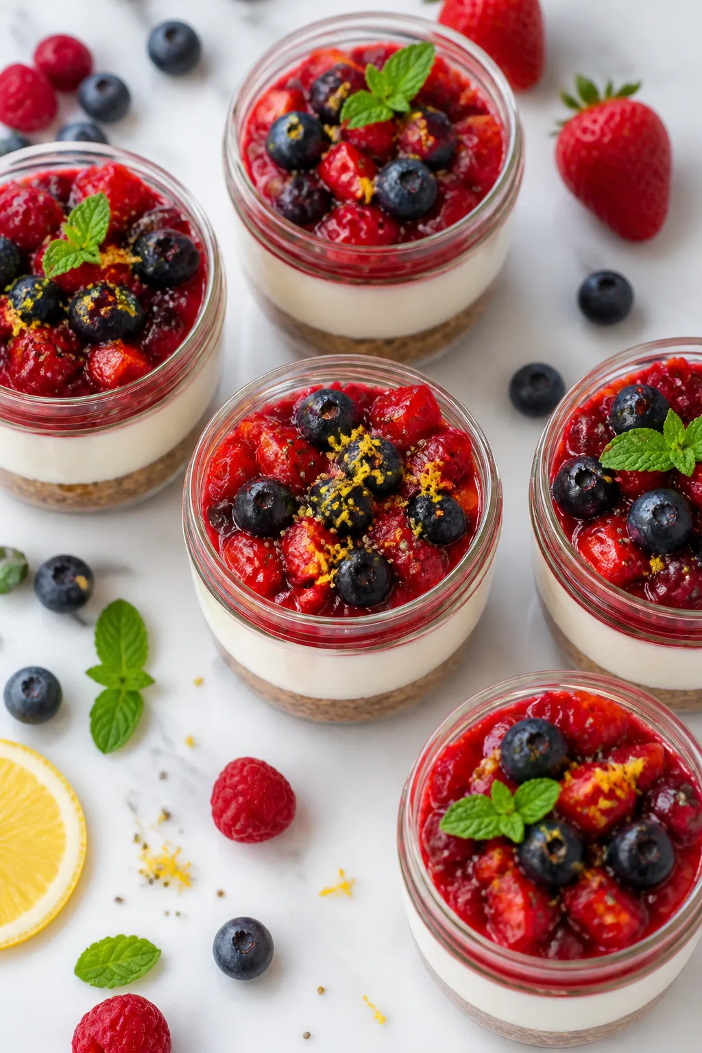 Tasty top view: Overhead shot of multiple triple berry cheesecake jars (4–6 oz each) neatly arrang
