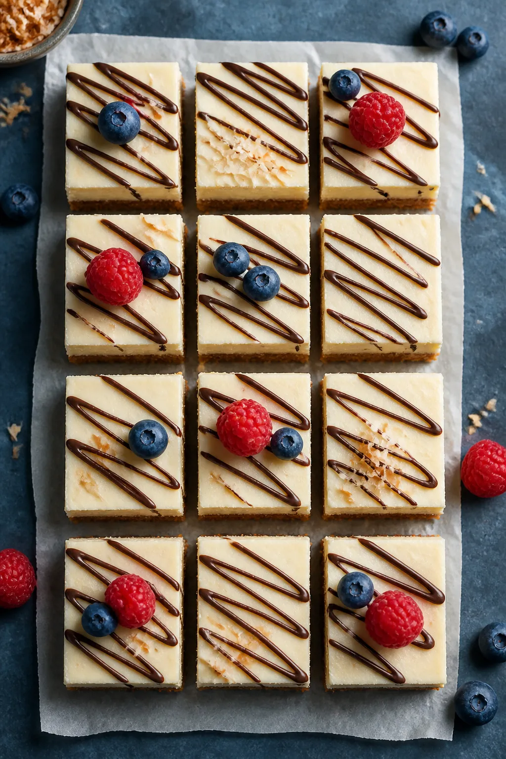 Tasty top view: Overhead shot of neatly sliced vanilla protein cheesecake bars arranged in a grid on