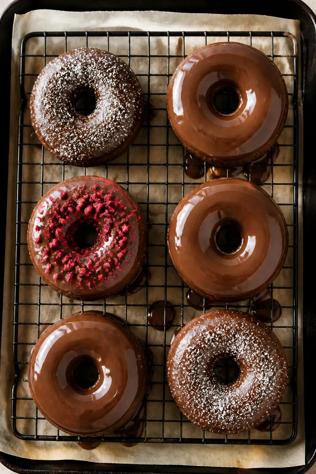 Tasty top view: Overhead shot of six cooled chocolate protein donuts on a wire rack, each dipped in 