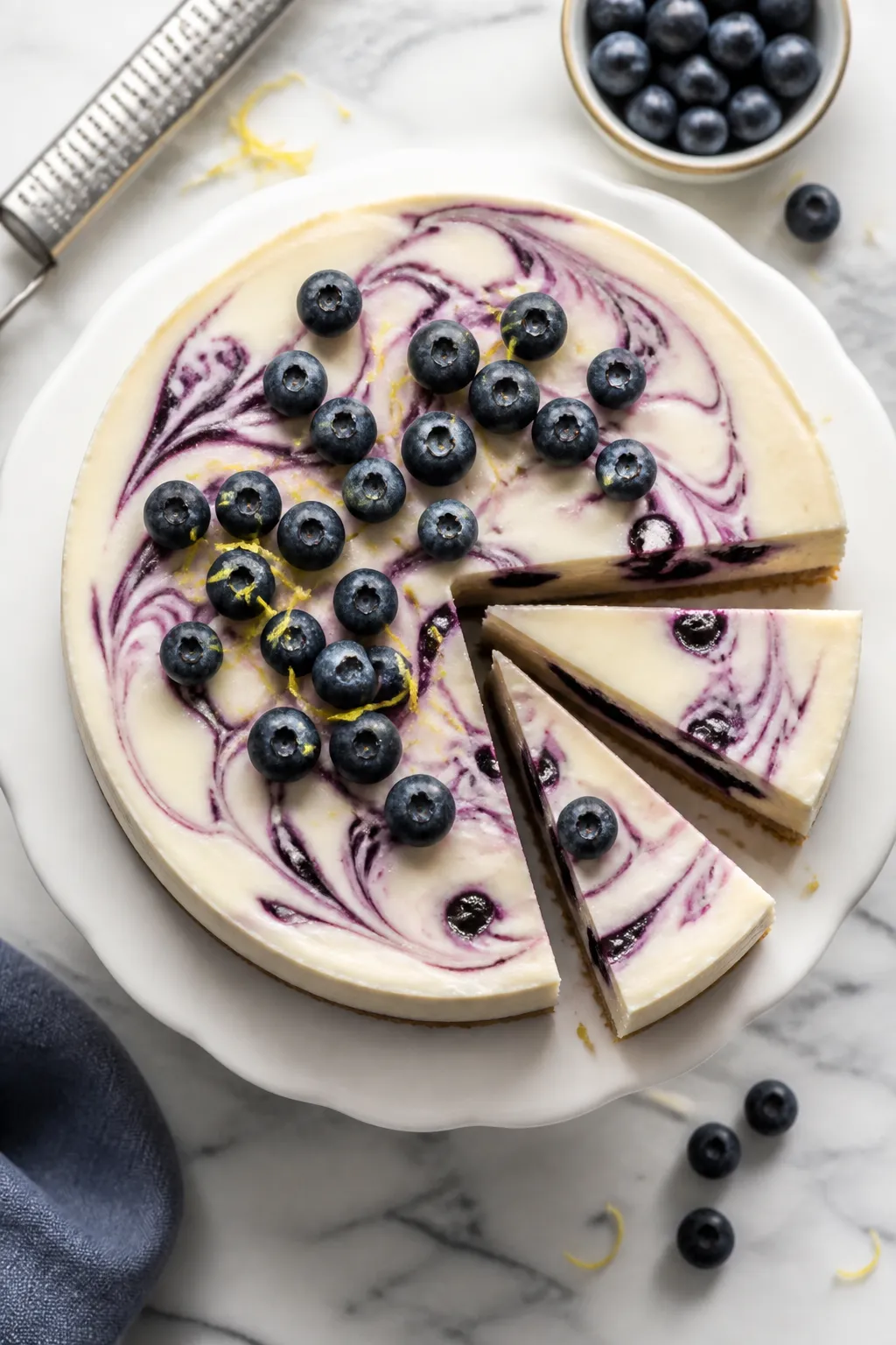 Tasty top view: Overhead shot of the chilled cheesecake on a white ceramic cake stand, topped with a
