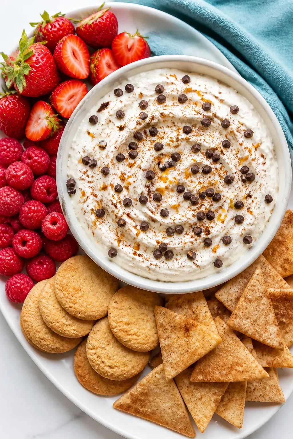 Tasty top view: Overhead shot of the chilled High Protein Low Carb Cannoli Dip in a low, wide white