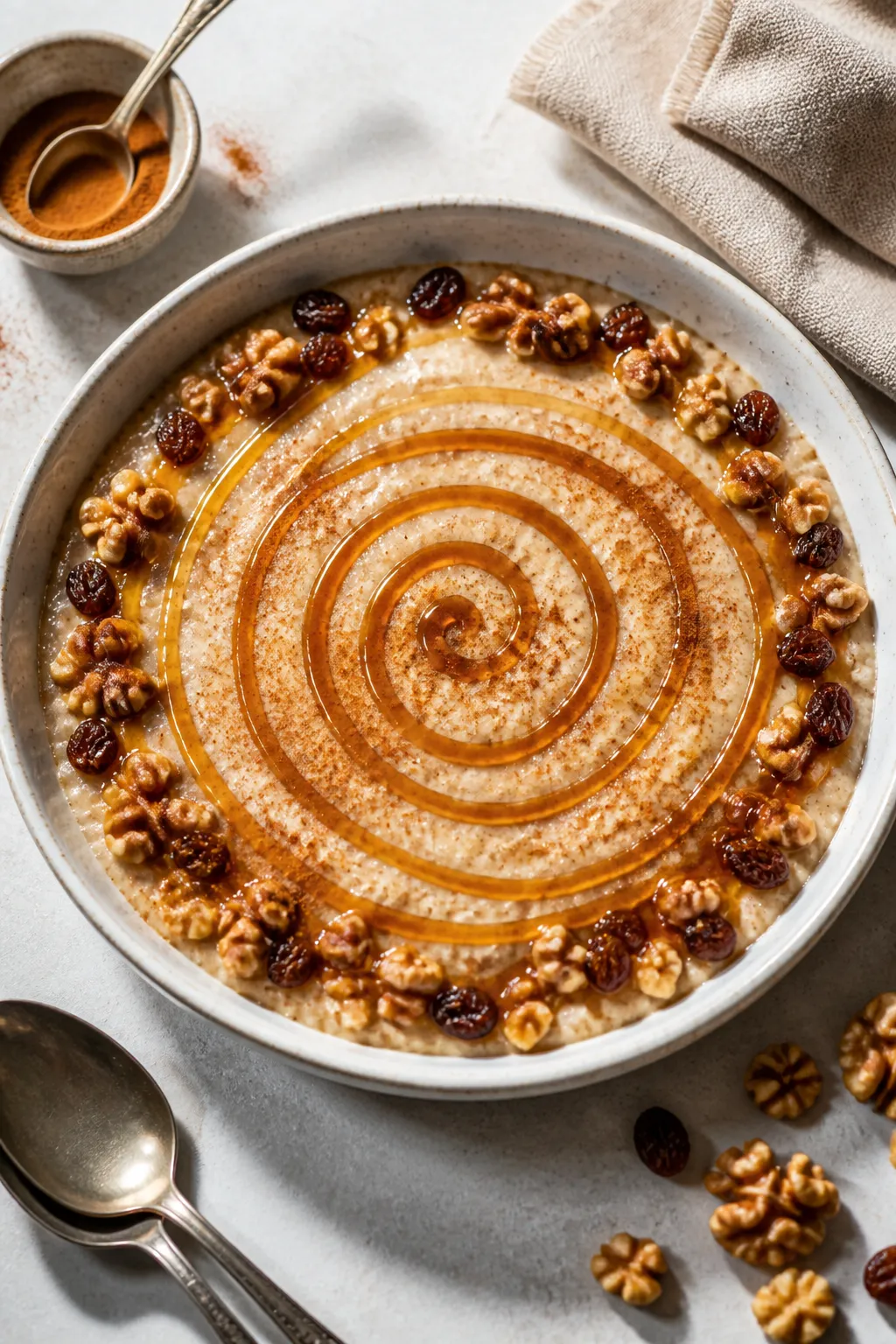 Tasty top view: Overhead shot of the finished pudding in a low, wide ceramic bowl, smooth surface wi