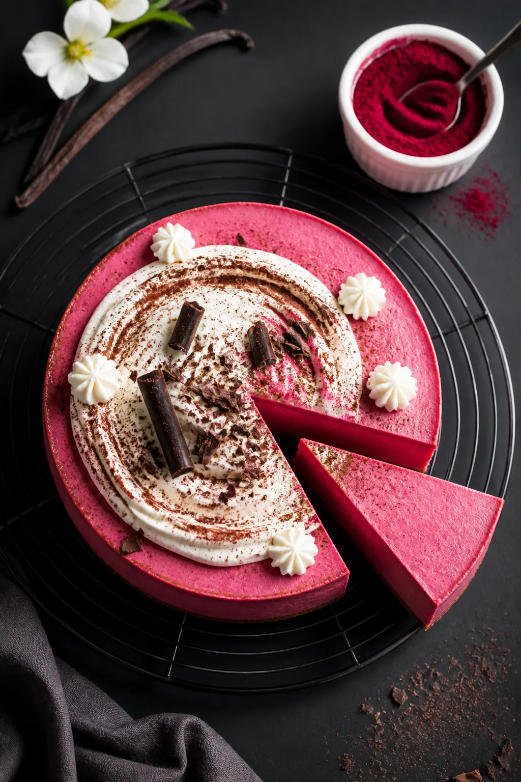 Tasty top view: Overhead shot of the fully set and chilled cheesecake on a cooling rack, no-crust ba