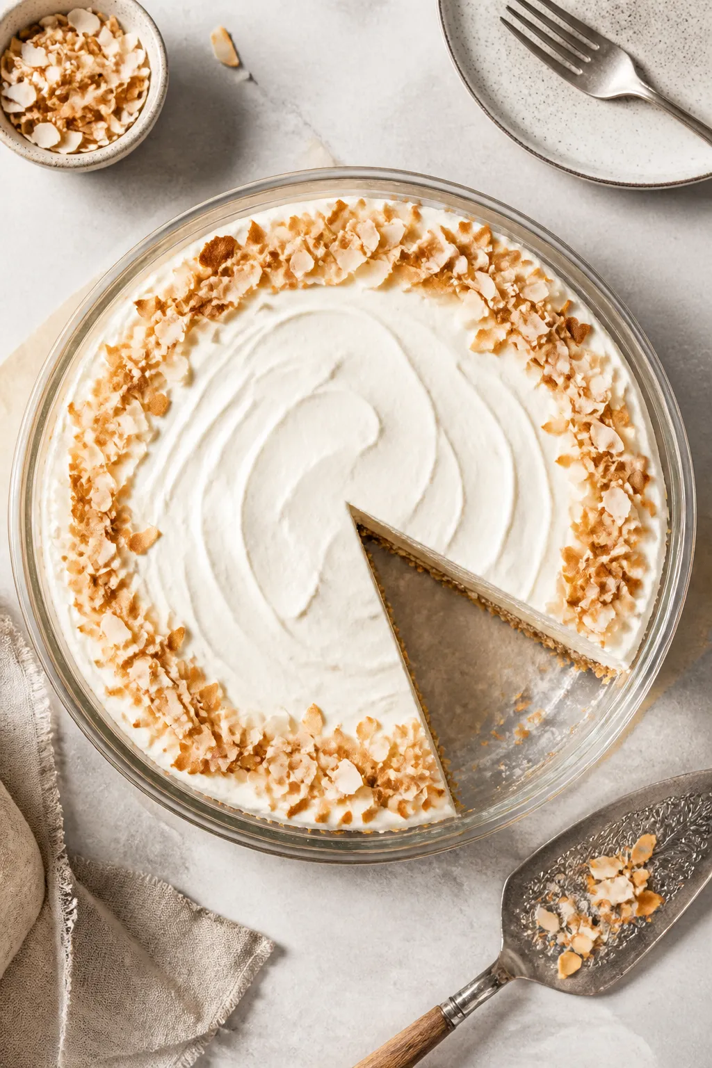 Tasty top view: Overhead shot of the whole coconut cream protein pie in a 9-inch pie dish, surface s