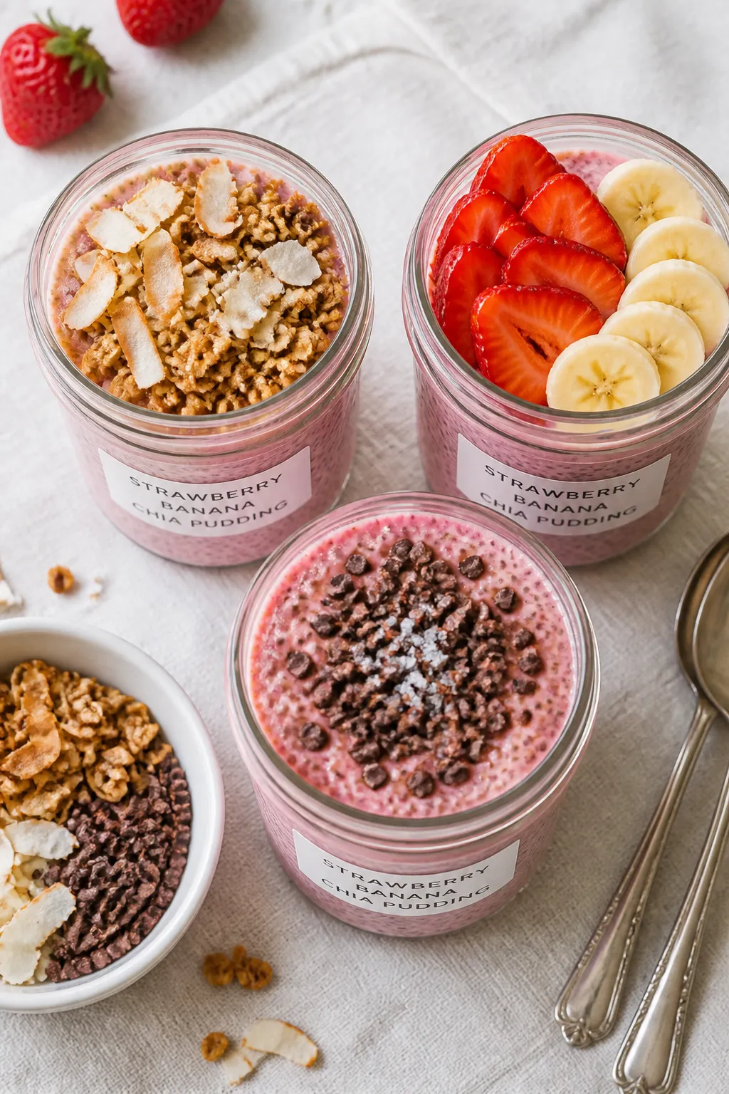 Tasty top view: Overhead shot of three meal-prep jars of strawberry banana chia pudding arranged on 