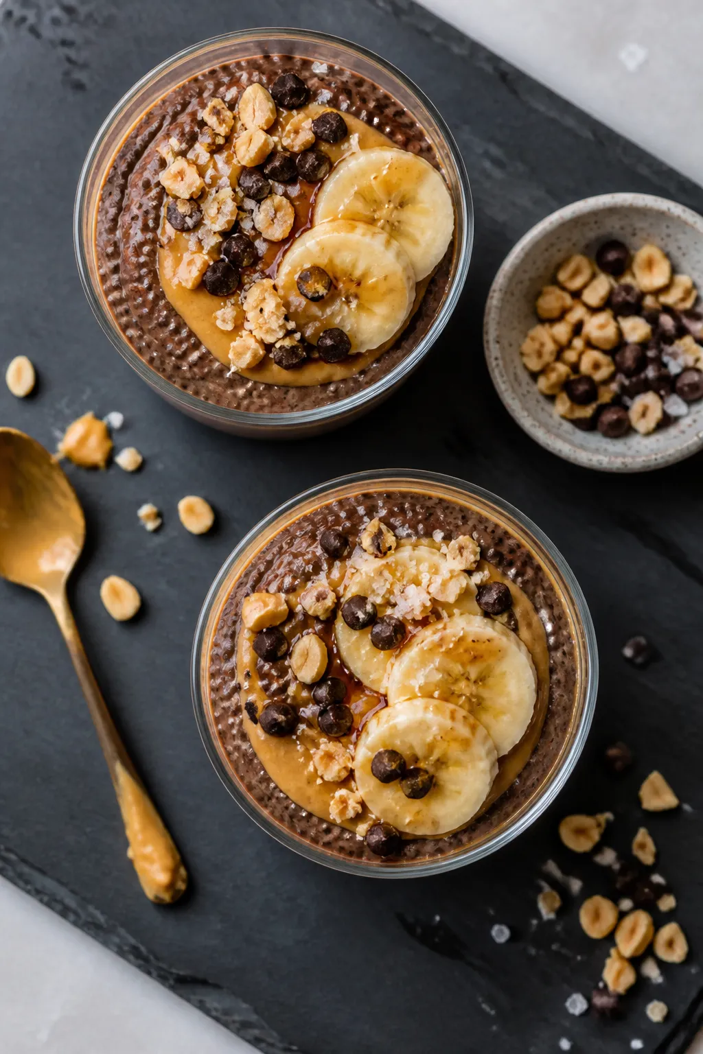 Tasty top view: Overhead shot of two assembled High Protein Peanut Butter Cup Chia Puddings in clear