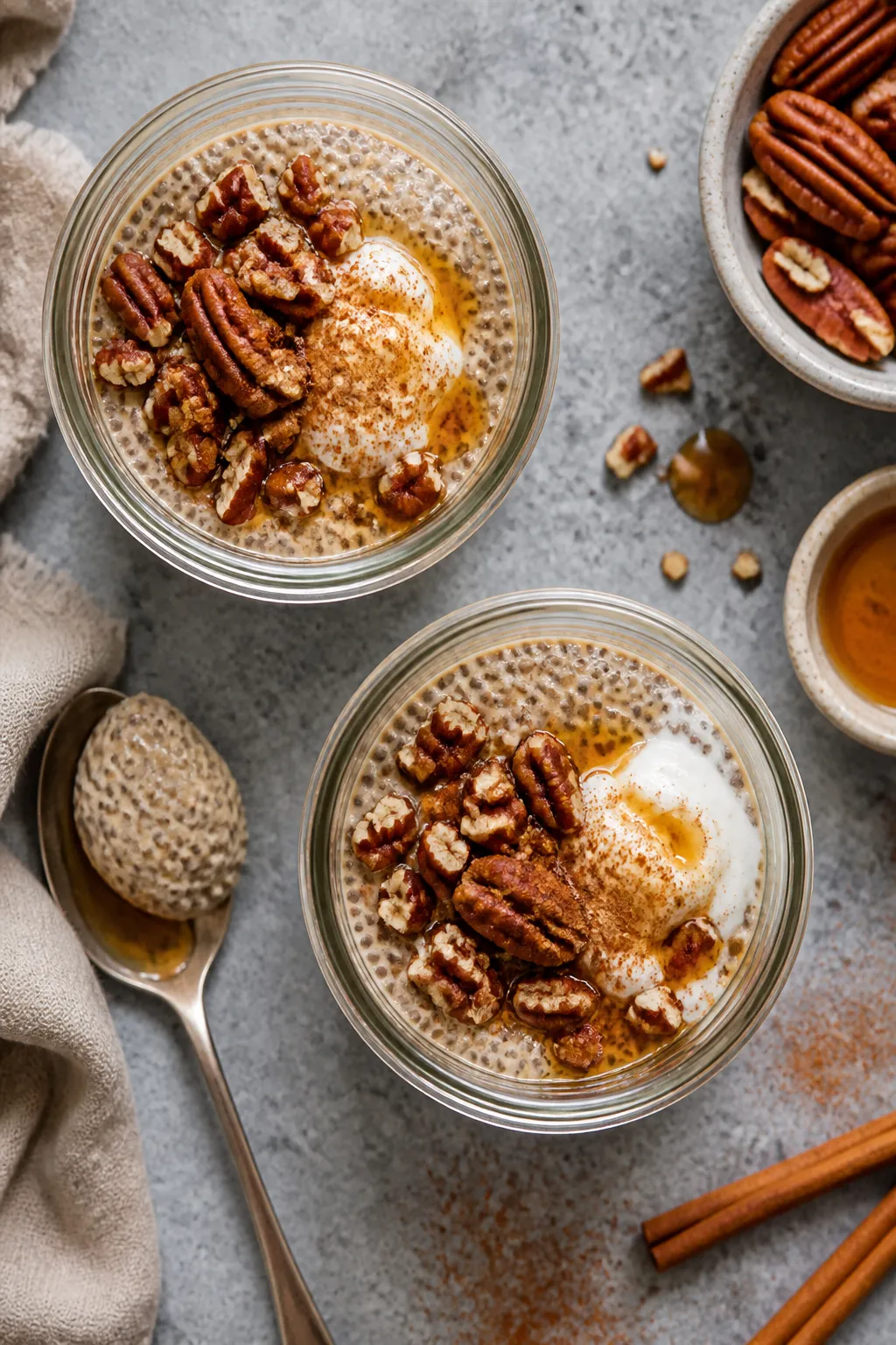 Tasty top view: Overhead shot of two meal-prepped jars of High Protein Maple Pecan Chia Pudding, set