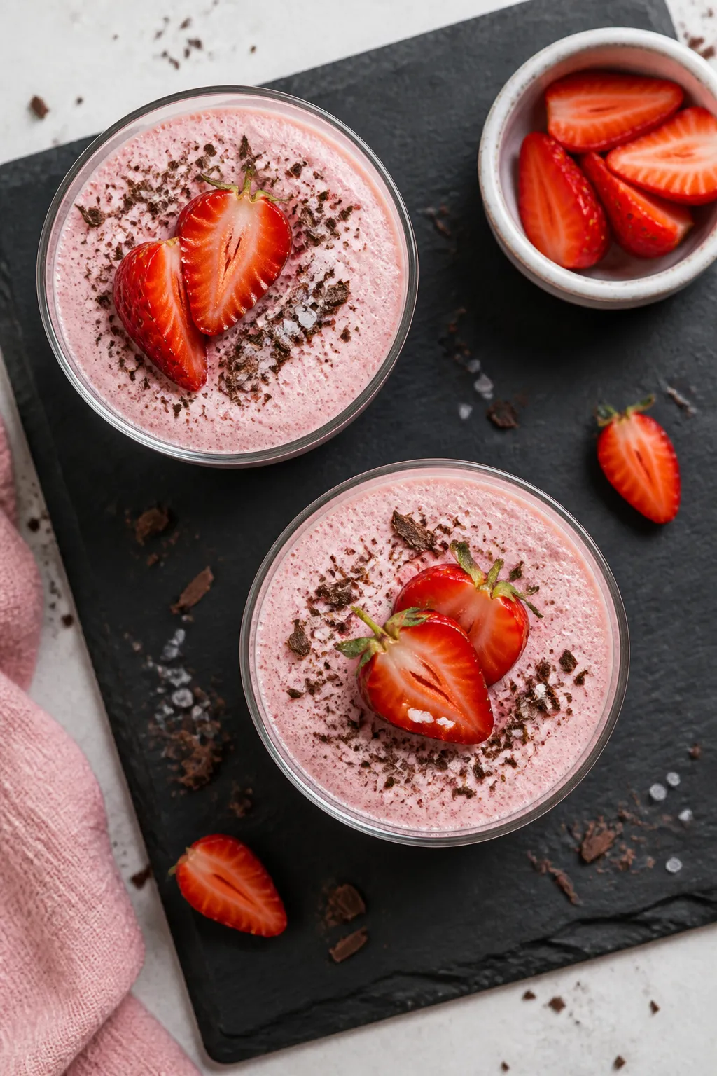 Tasty top view: Overhead shot of two portions of chilled Strawberry Protein Mousse on a slate board,