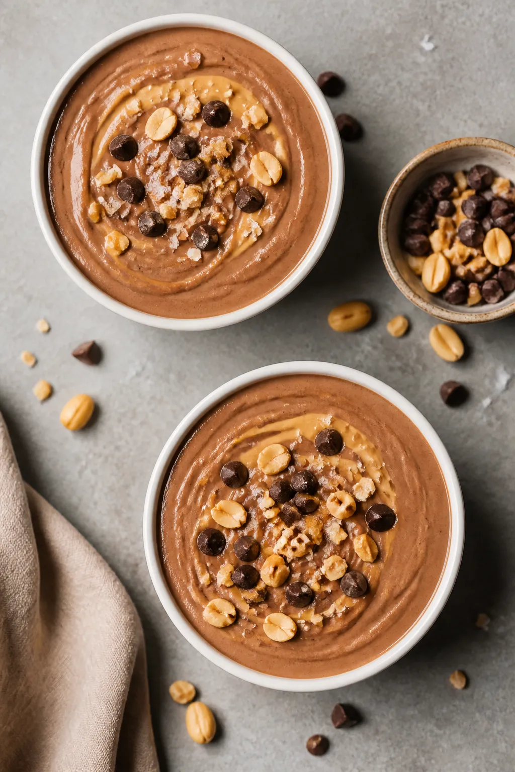 Tasty top view: Overhead shot of two ramekins filled with chilled high-protein low-carb peanut butte