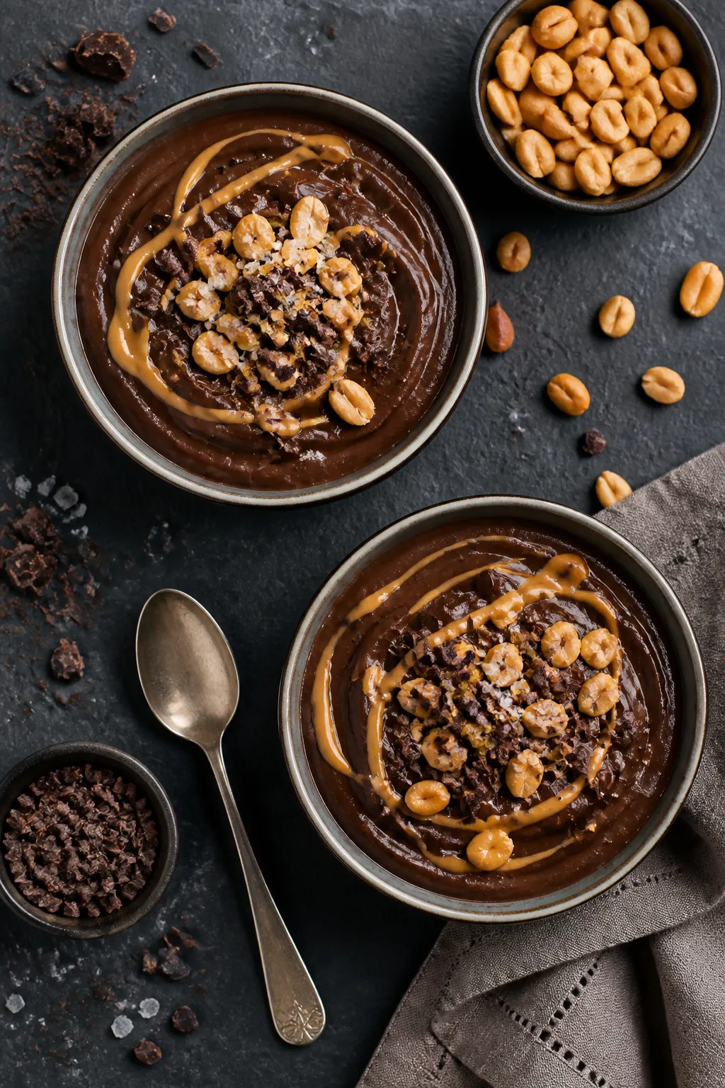 Tasty top view: Overhead shot of two small bowls of finished chocolate peanut butter pudding, topped