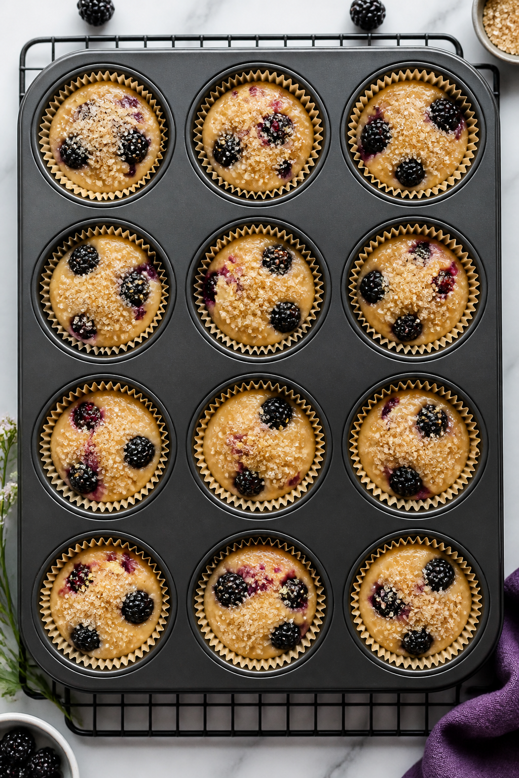 Tasty top view, pre-bake stage: Overhead shot of a 12-cup muffin tin lined with papers, each cup fil