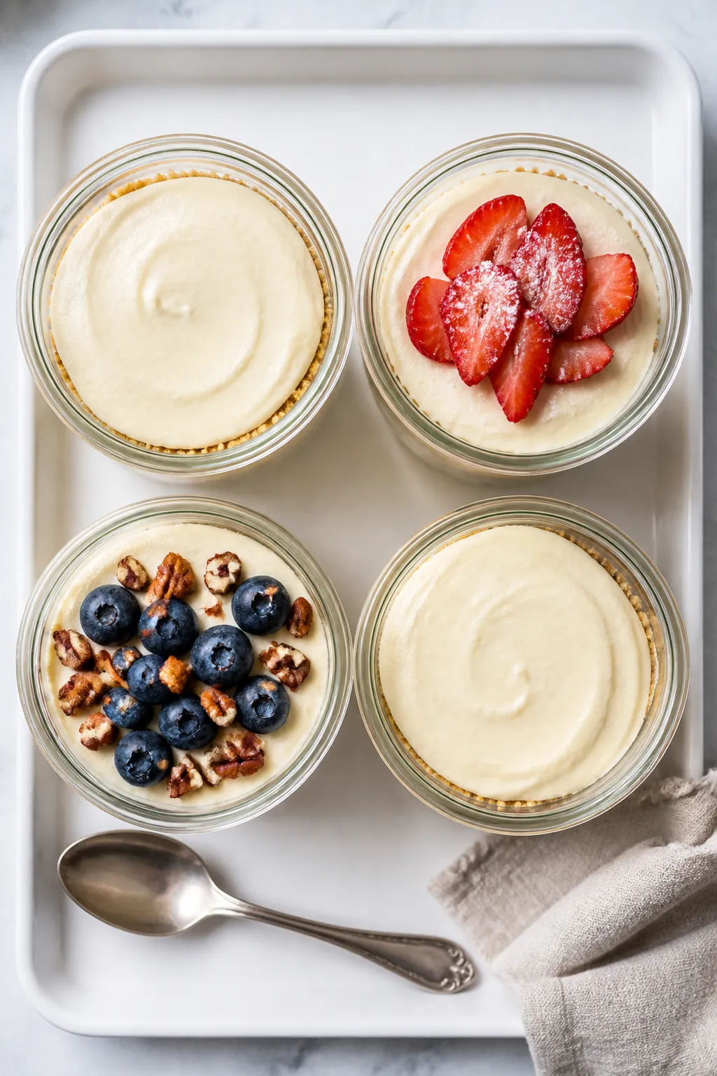Tasty top-view set: Overhead shot of four 4–6 oz clear jars arranged in a tidy grid on a white tra