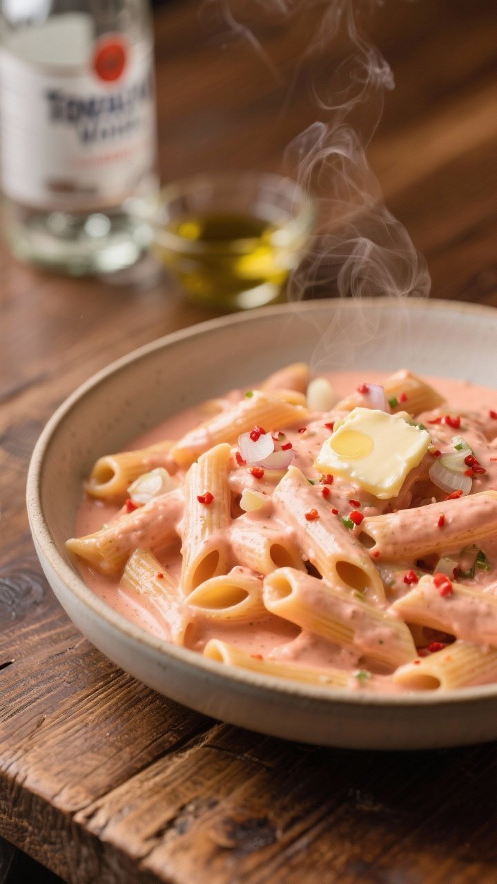 45-degree plated shot of Creamy Tomato Vodka Penne Without the Hangover: penne coated in a silky blush tomato-cream sauce with visible minced shallot and garlic, gentle red pepper flake specks; steam faintly rising; garnished with a small pat of melting butter and a drizzle of olive oil; optional vodka bottle blurred in background (or small water dish as sub), served in a shallow wide bowl on a warm rustic wood table.