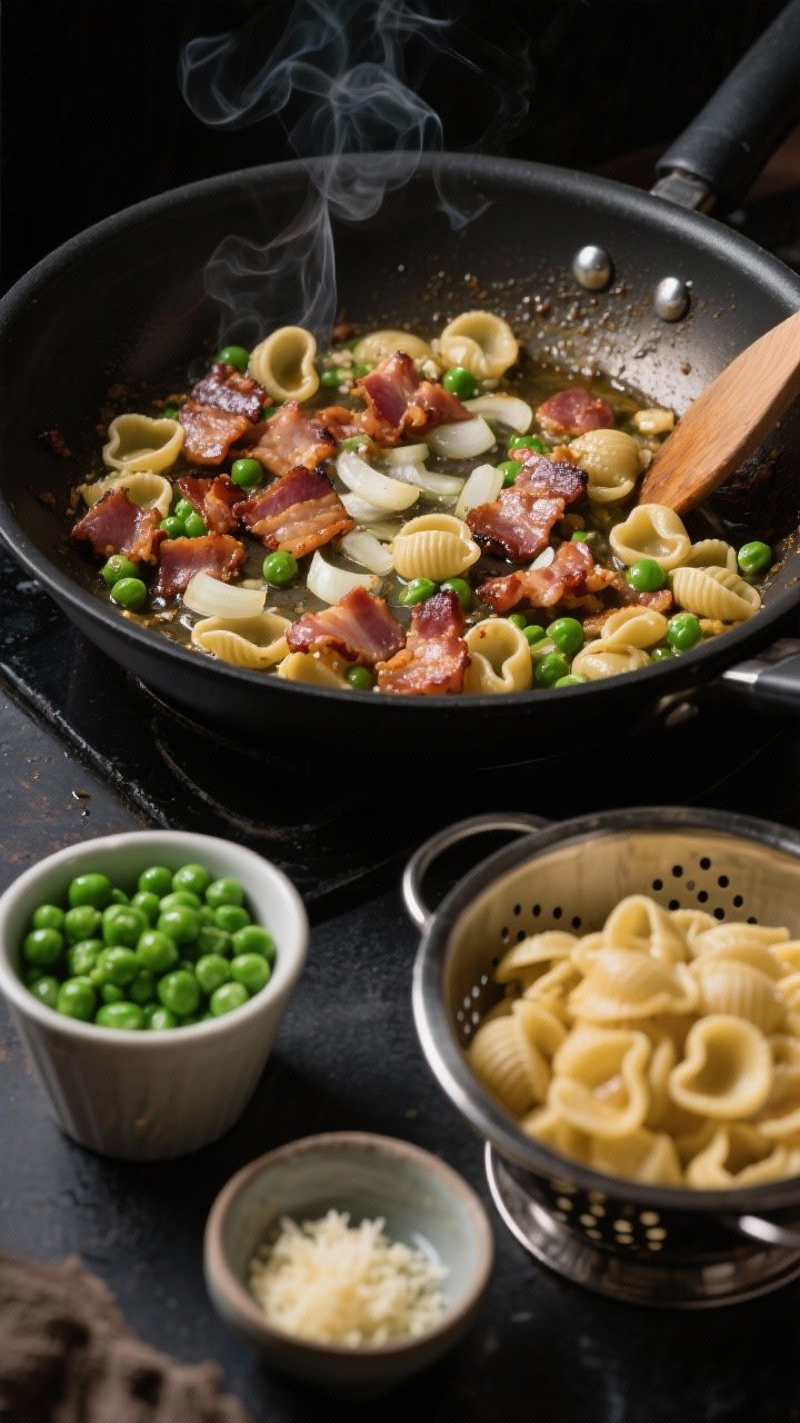 Overhead ingredient-to-pan action for Smoky Bacon and Pea Orecchiette: wide skillet with sizzling chopped thick-cut bacon and rendered fat, finely chopped onion turning translucent, minced garlic just added; orecchiette waiting in a colander, a cup of bright green frozen peas ready to toss in, small bowl of grated cheese and reserved pasta water nearby; moody dark background to emphasize smoke and gloss.