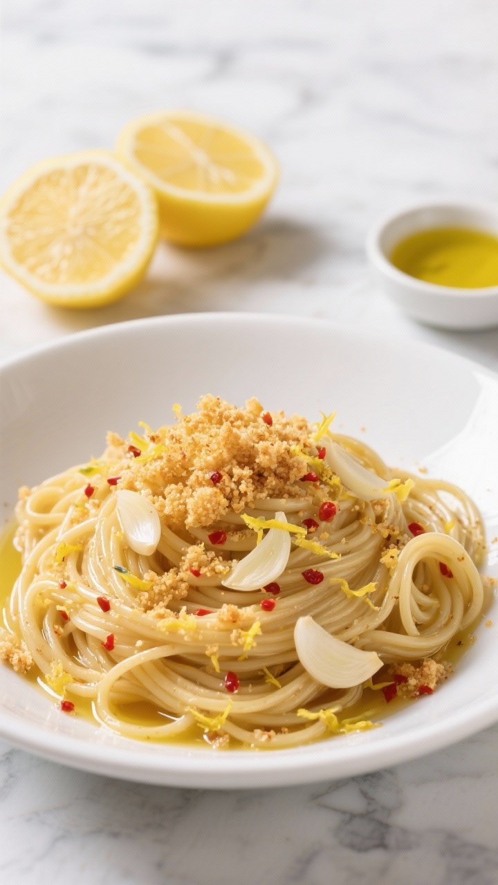 Overhead shot of Lightning Lemon Garlic Spaghetti: glossy spaghetti strands tossed with thinly sliced garlic, lemon zest confetti, and a shimmering olive oil sauce speckled with red pepper flakes; shower of golden crispy breadcrumbs on top; lemon halves and a small dish of extra-virgin olive oil on a light marble surface; bright, zesty mood, clean white ceramic bowl, high contrast and crisp texture.