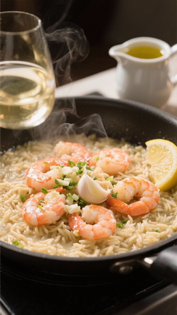 Process shot at 45 degrees of Garlicky Shrimp Orzo that eats like risotto: shallow skillet with orzo simmering to a creamy, risotto-like texture; plump pink shrimp nestled on top, minced garlic glistening; a splash of dry white wine reducing with visible steam; chicken broth in a small pitcher, olive oil sheen, lemon wedge optional off to the side; warm kitchen light, no people, focus on glossy starch and shrimp succulence.