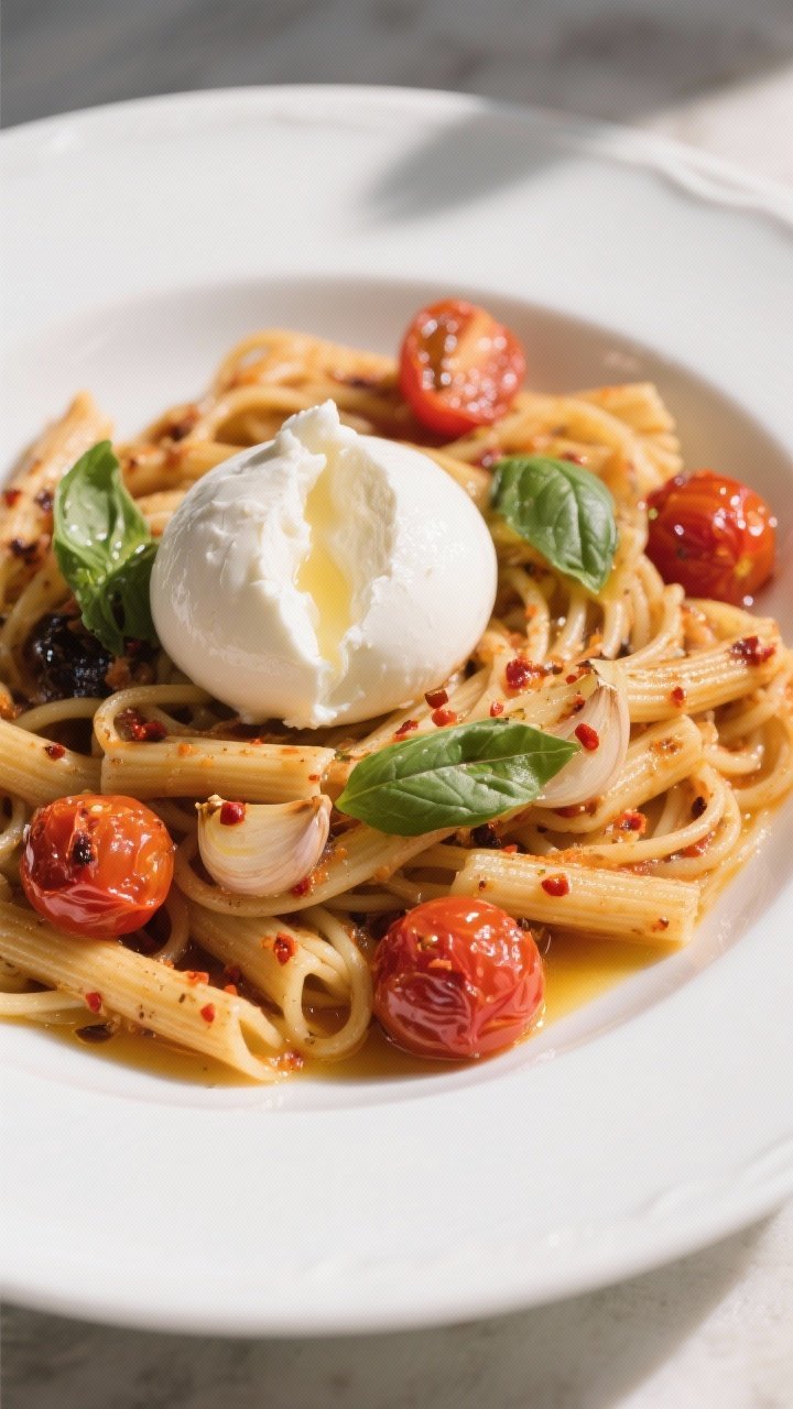 Straight-on plated beauty of Blistered Cherry Tomato Bucatini with Basil and Burrata: long strands of bucatini tangled with burst cherry tomatoes, streaks of tomato juices and olive oil; thinly sliced garlic and red pepper flakes visible; a glossy ball of burrata torn open, cream spilling; fresh basil leaves and a drizzle of balsamic vinegar; served on a white rimmed plate against a soft daylight backdrop.