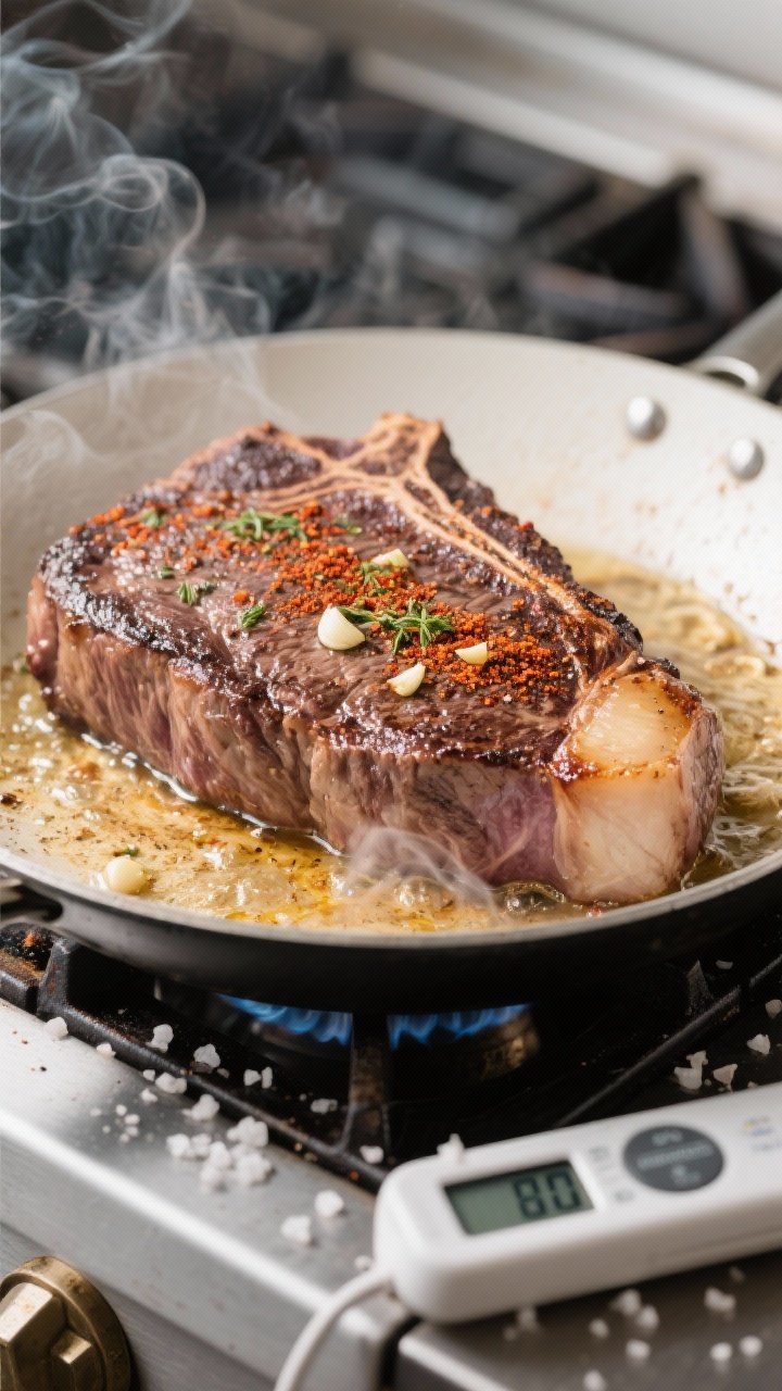 5 inch thick steak mid-sear, untouched for crust formation; visible sizzling oil, wisps of steam, ca