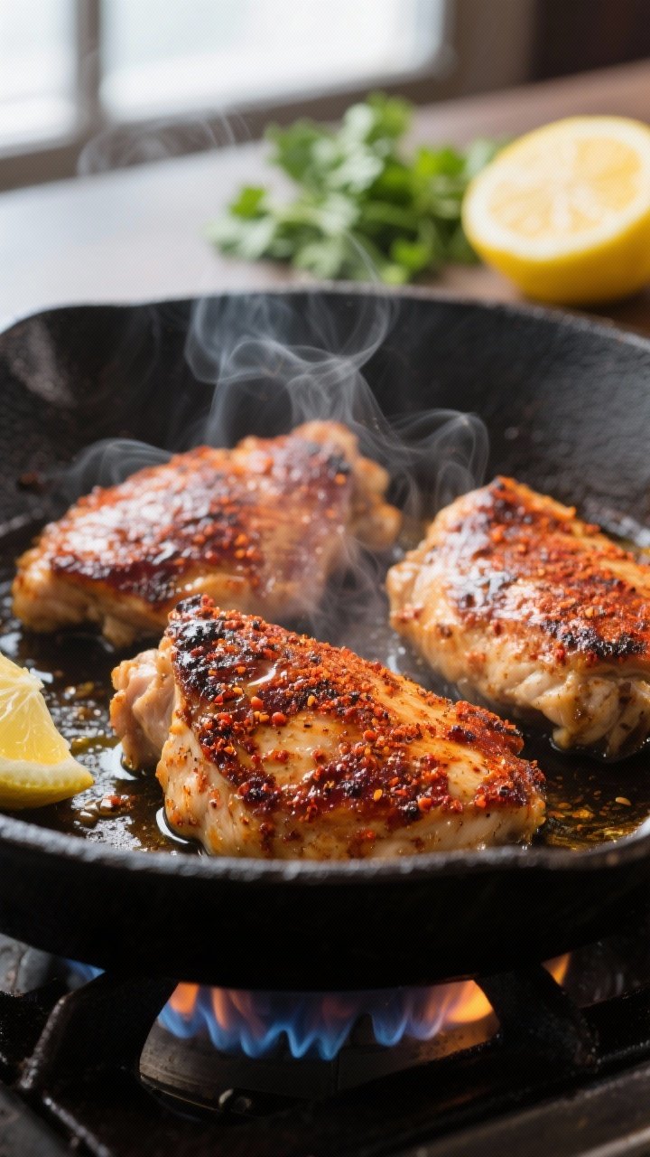 Close-up cooking process: Cajun-spiced boneless skinless chicken thighs sizzling in a cast-iron skil