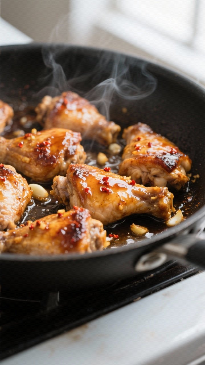 Close-up cooking process: Honey garlic chicken thighs searing in a large skillet, browned crispy edg