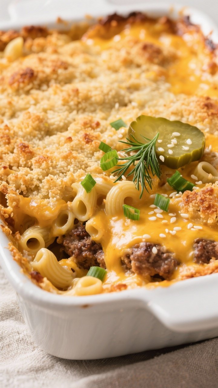 Close-up detail: A bubbling cheeseburger macaroni casserole just out of the oven, showing a golden,