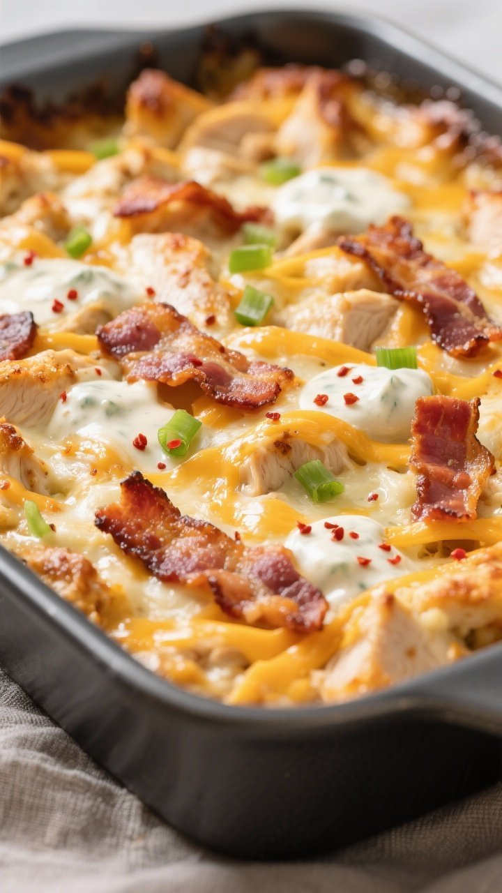 Close-up detail: A bubbling Chicken Bacon Ranch Casserole just out of the oven, capturing molten rib