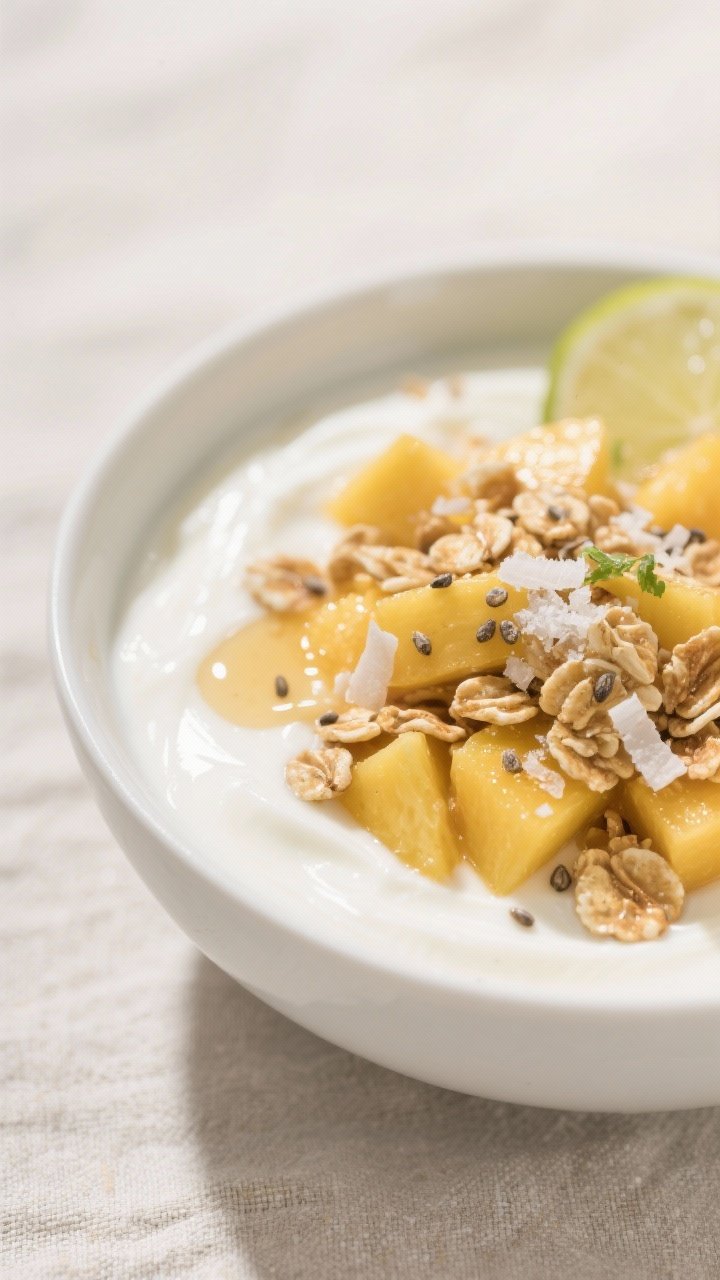 Close-up detail: A creamy coconut yogurt base whisked with vanilla protein powder until thick and gl