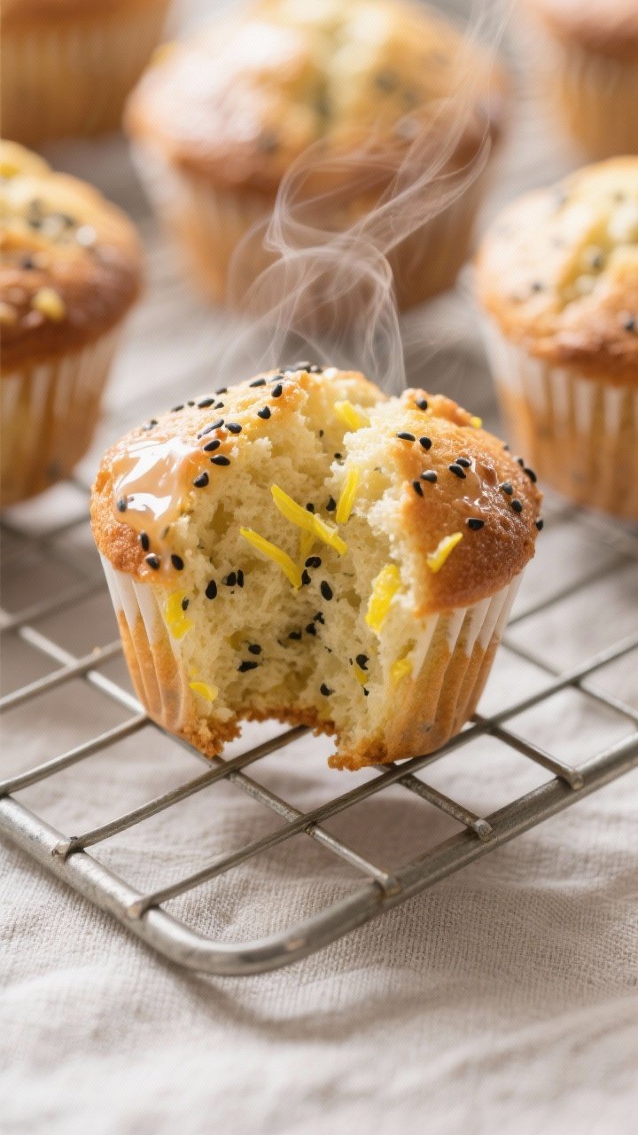 Close-up detail: A freshly baked lemon poppy seed muffin split open on a wire rack, steam rising, sh