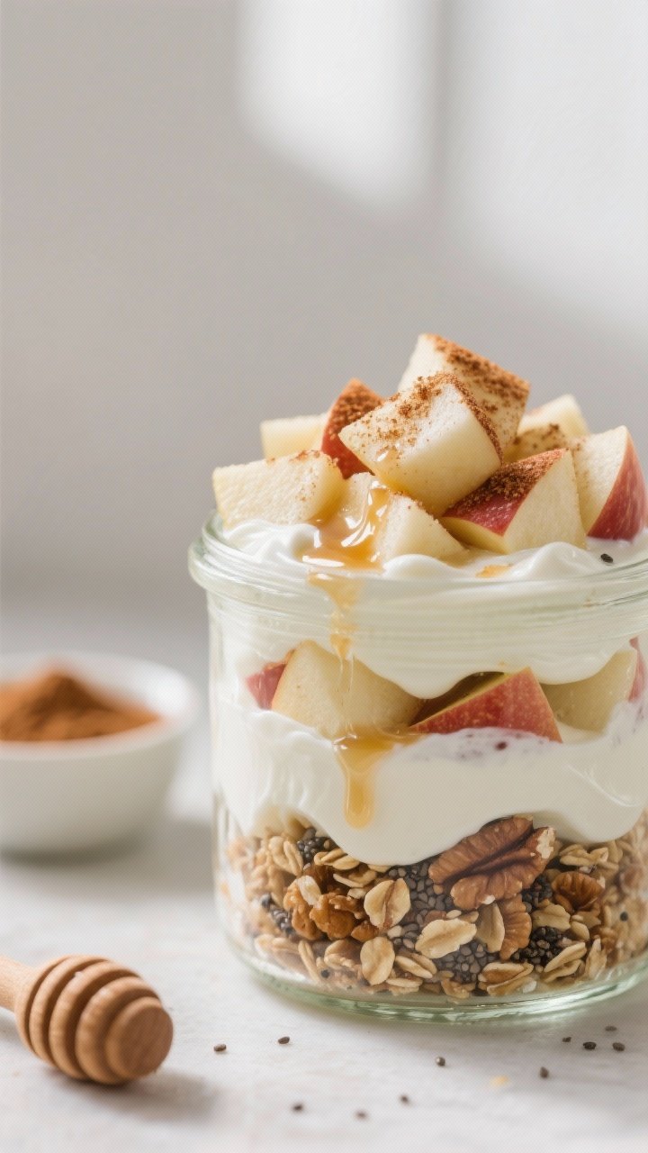 Close-up detail: A glass jar of assembled Healthy Apple Yogurt Parfait mid-layer, showing glossy cin