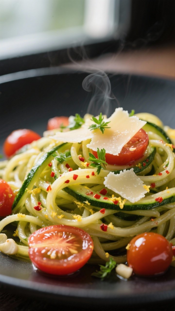 Close-up detail: A glossy tangle of just-cooked zucchini noodles tossed in garlicky olive oil, fleck
