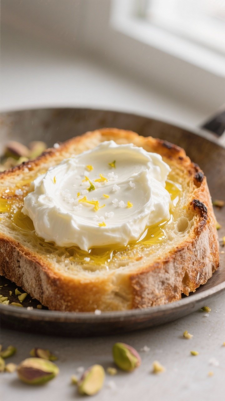 Close-up detail: A golden, skillet-toasted slice of sourdough brushed with olive oil, edges crisp an