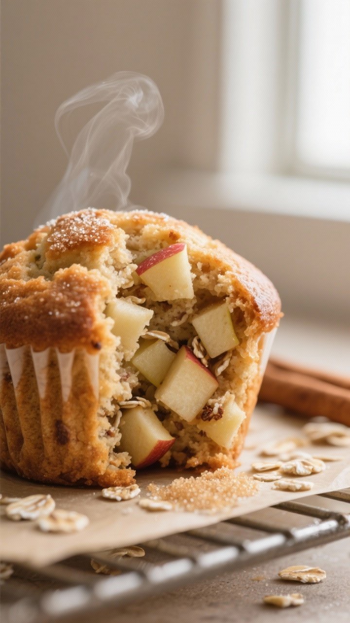 Close-up detail: A just-baked apple muffin torn open to reveal a moist crumb studded with finely dic