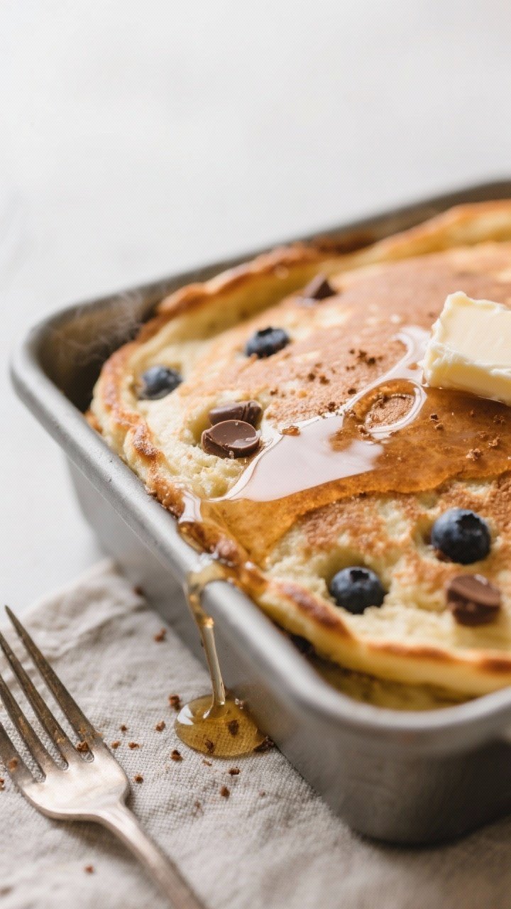 Close-up detail: A just-baked pancake bake square lifted from a 9x13 pan, edges lightly golden and c