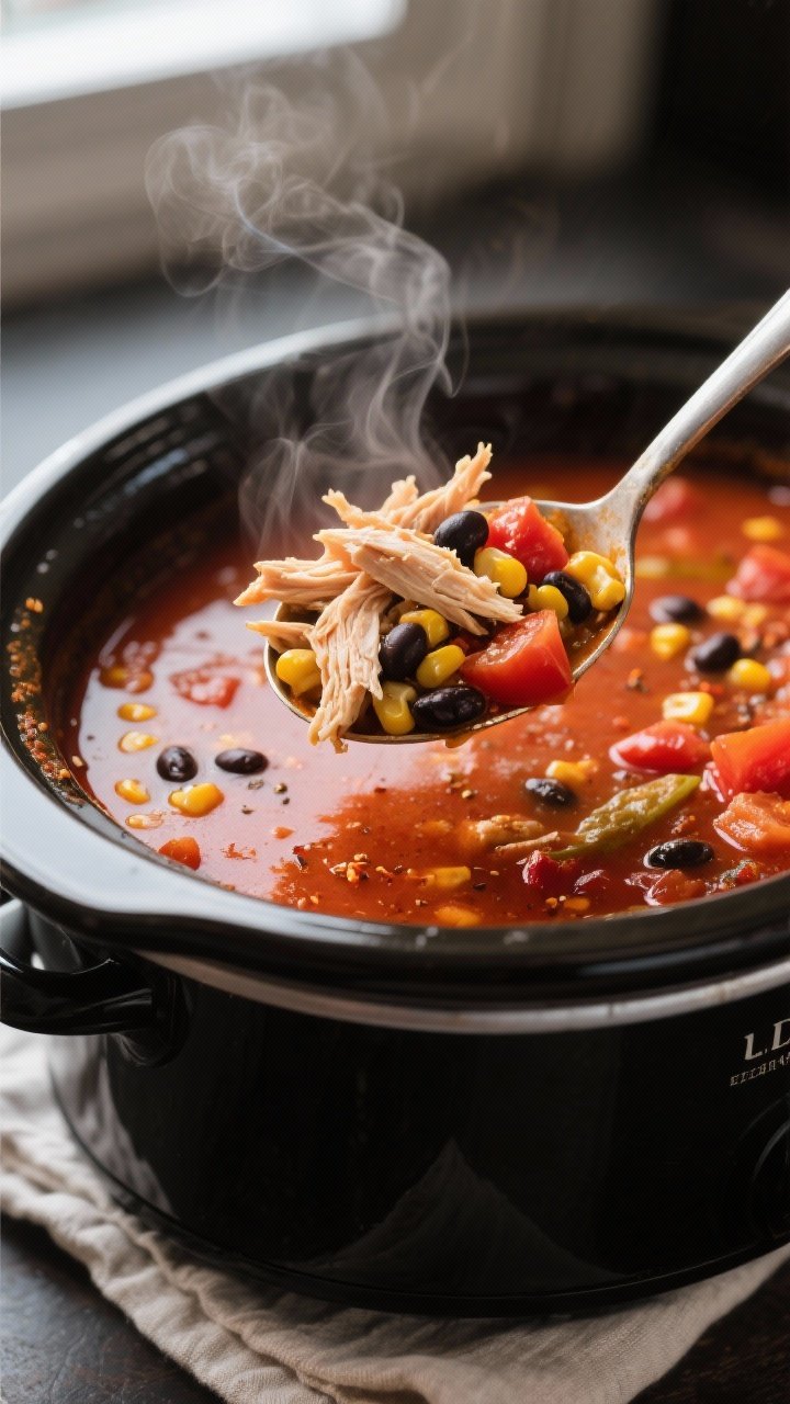 Close-up detail: A ladle lifting shredded chicken tortilla soup from a crockpot, showing tender pull
