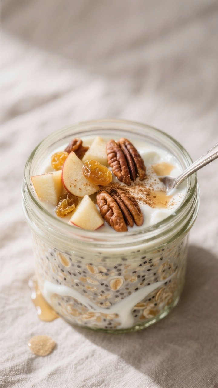 Close-up detail: A mason jar of apple pie overnight oats just stirred after chilling, creamy oats an
