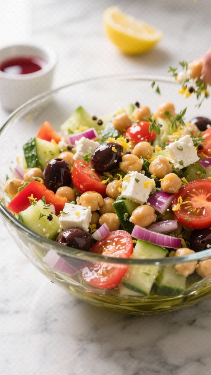 Close-up detail: A prepared Mediterranean chickpea salad mid-toss in a large glass bowl, glossy lemo