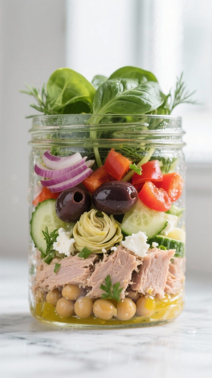 Close-up detail: A prepared Mediterranean tuna salad jar just after assembly, shot at a slight angle