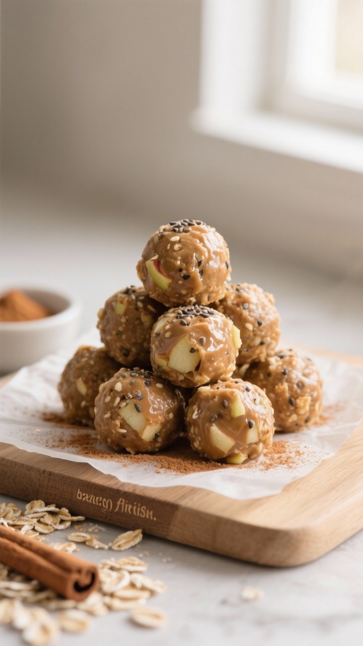 Close-up detail: A pyramid of no-bake Healthy Apple Energy Bites on a small parchment-lined board, e