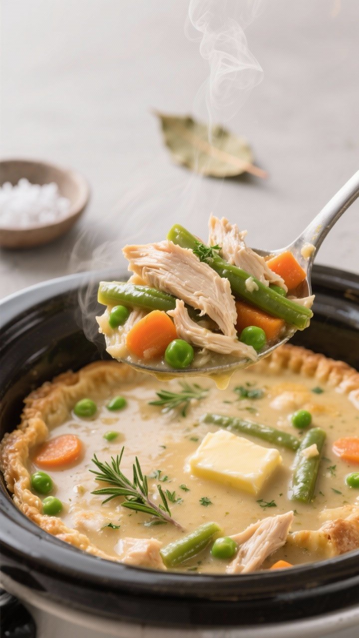 Close-up detail: A steaming ladle lifting glossy, shredded chicken pot pie filling from a crockpot, 