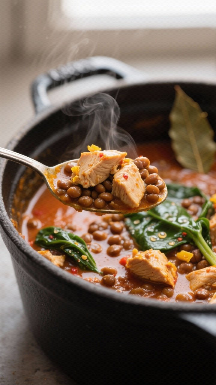 Close-up detail: A steamy spoonful of cooked chicken and lentil curry lifted from a Dutch oven, show