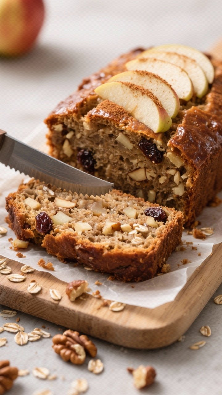 Close-up detail: A thick slice of baked Healthy Apple Bread just cut with a serrated knife, showing 