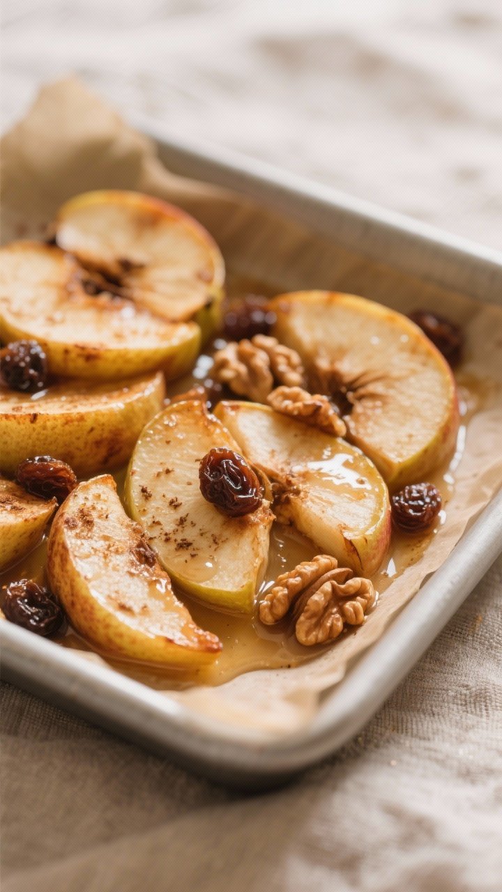 Close-up detail: Caramelized baked cinnamon apple wedges just out of the oven, edges lightly golden