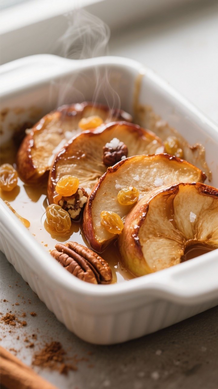 Close-up detail: Caramelized baked cinnamon apple slices nestled in a small white enamel baking dish