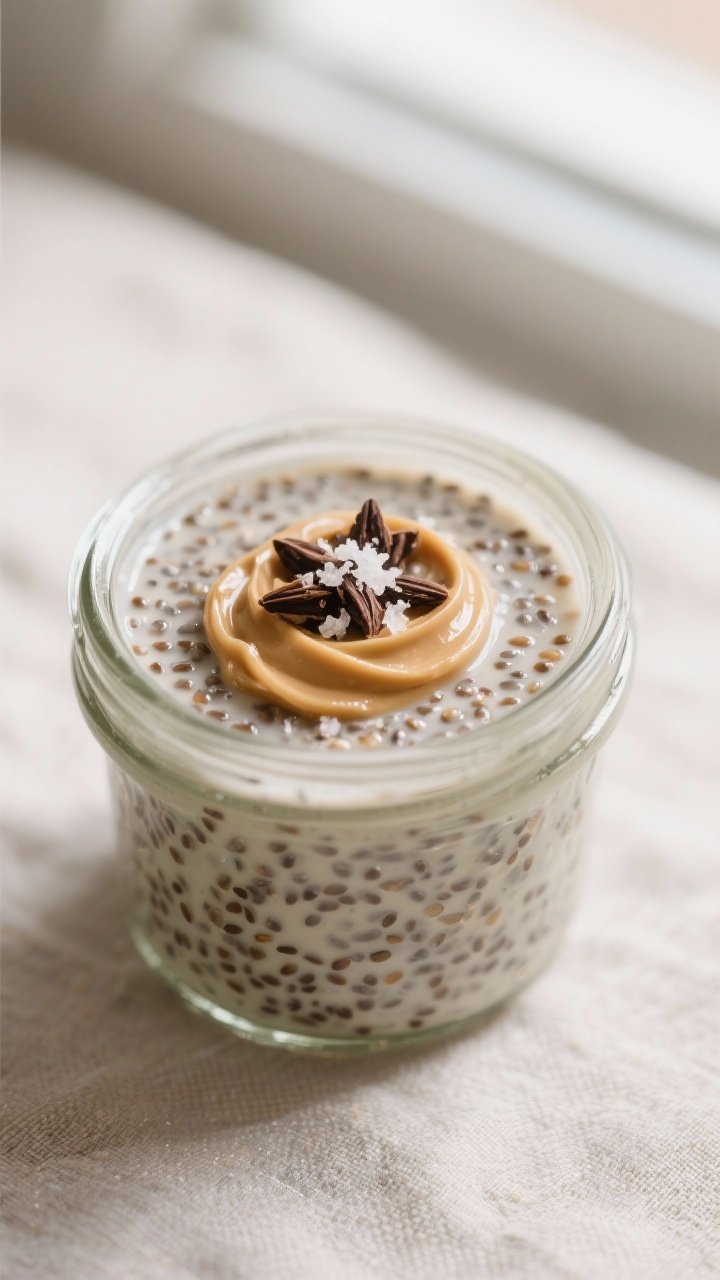 Close-up detail: Creamy chia seed pudding in a small glass jar mid-set after the second stir, showin
