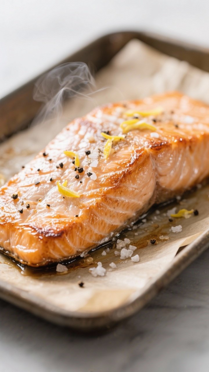Close-up detail: Crisp-edged baked salmon just out of the oven, skin-side down on a parchment-lined 