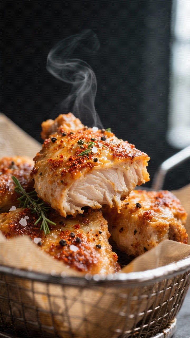 Close-up detail: Crispy air-fried boneless skinless chicken thighs just out of the basket, flipped t